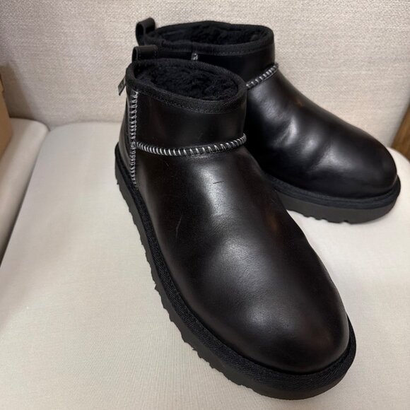 UGG Black Classic Ultra Mini Boots Regen Leather Winter Boots Men Size 8 - Picture 3 of 10